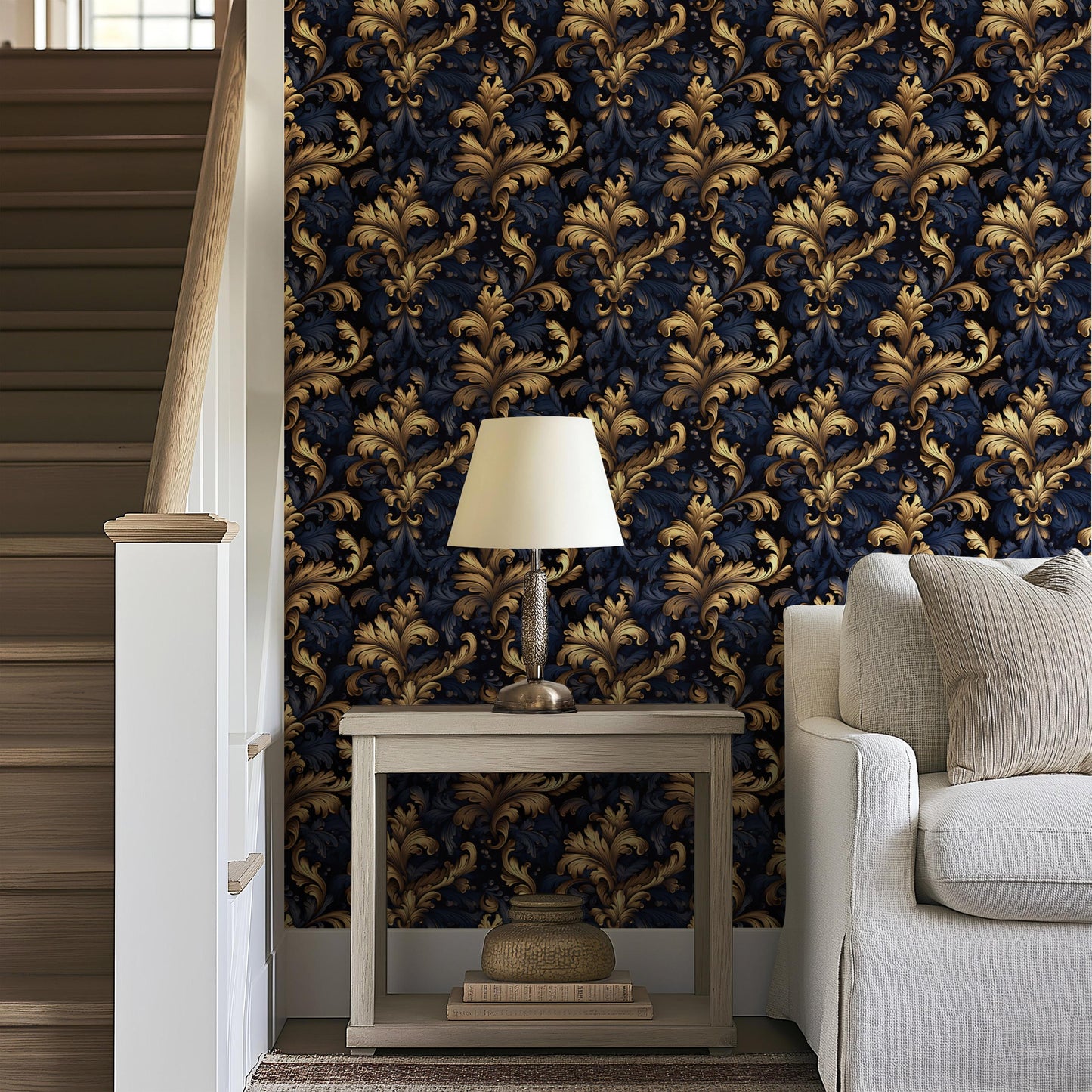 Navy Gold Dark Classical Damask Renter Friendly Removeable Stick On Wallpaper Peel And Stick Self Adhesive