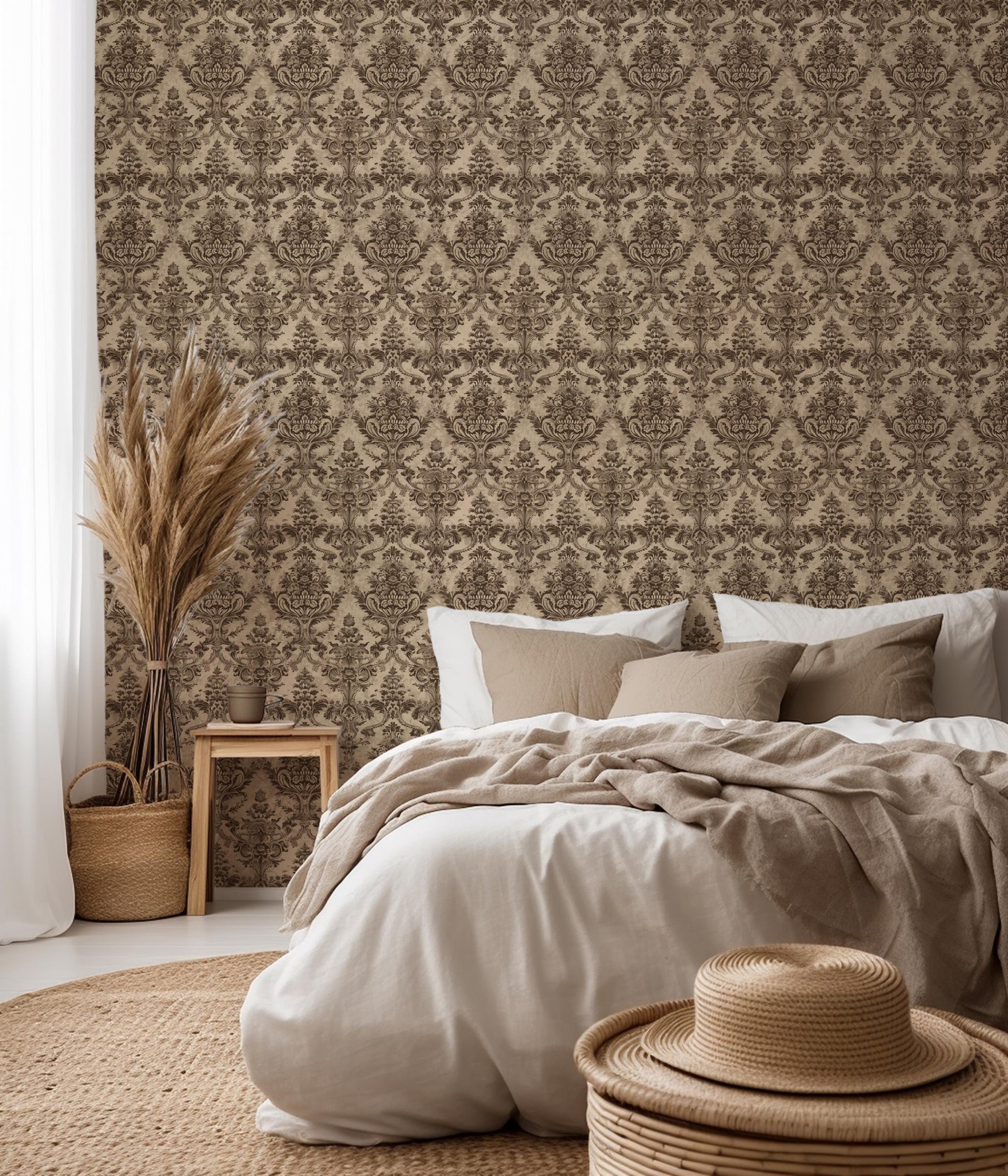 Brown Damask Aged Classic Removable Stick On Wallpaper Peel And Stick Wallpaper Self Adhesive