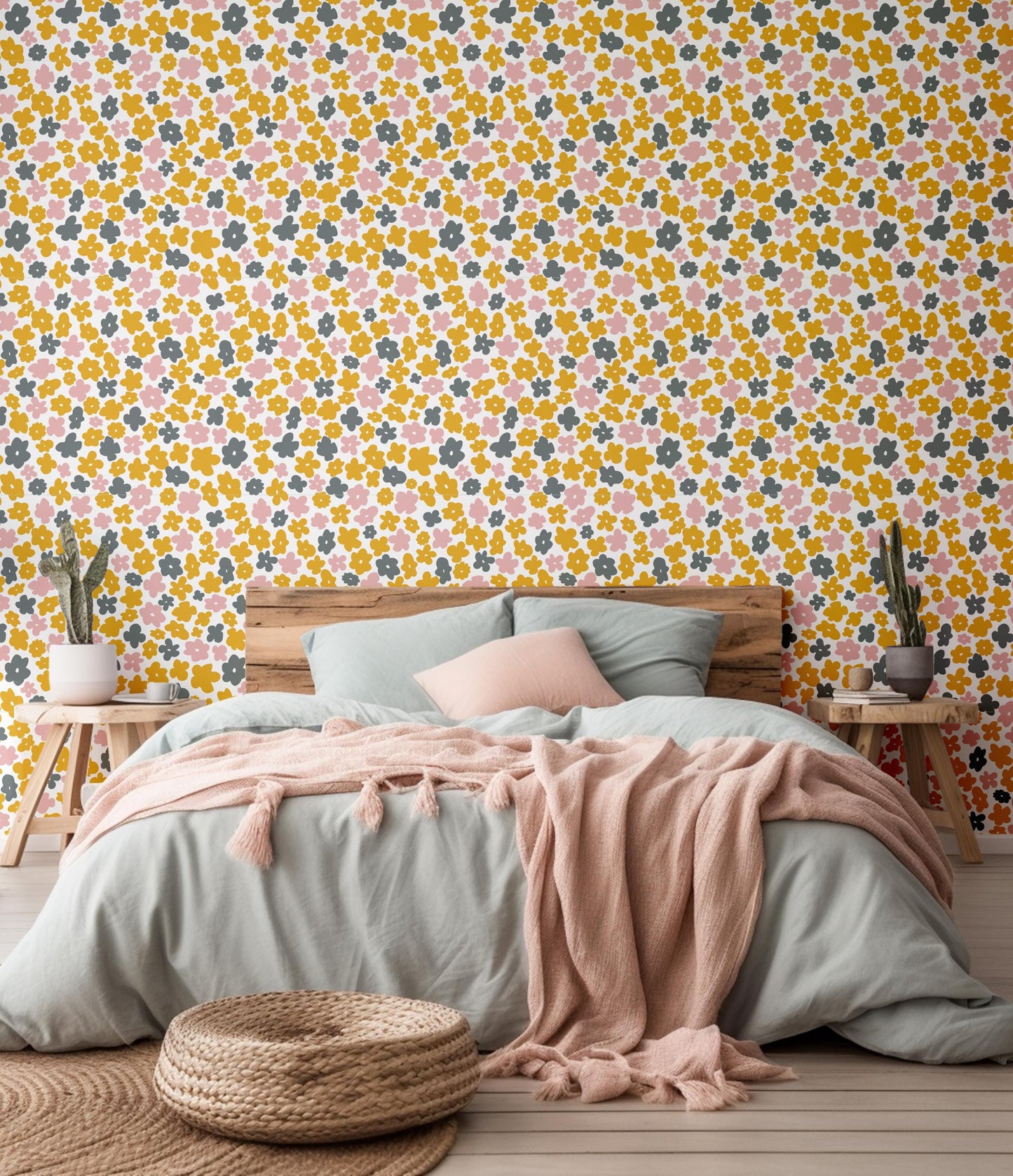 Yellow Grey Pink Flower Print Removable Stick On Wallpaper Peel And Stick Wallpaper Self Adhesive Renter Friendly