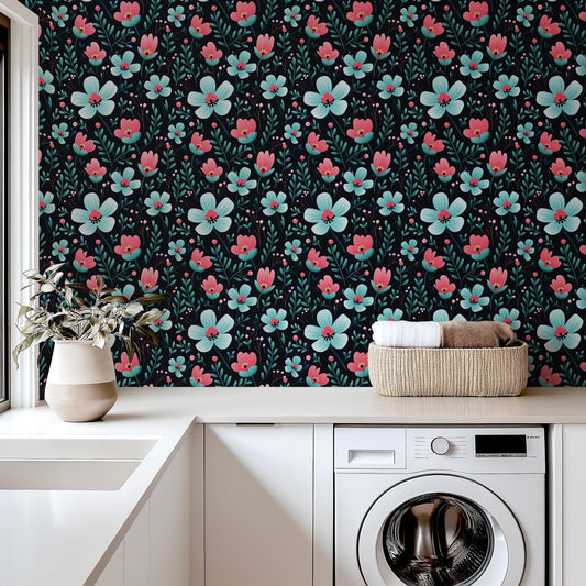 Black Red & Blue Buttercup Removable Stick On Wallpaper Peel And Stick Wallpaper Self Adhesive Renter Friendly