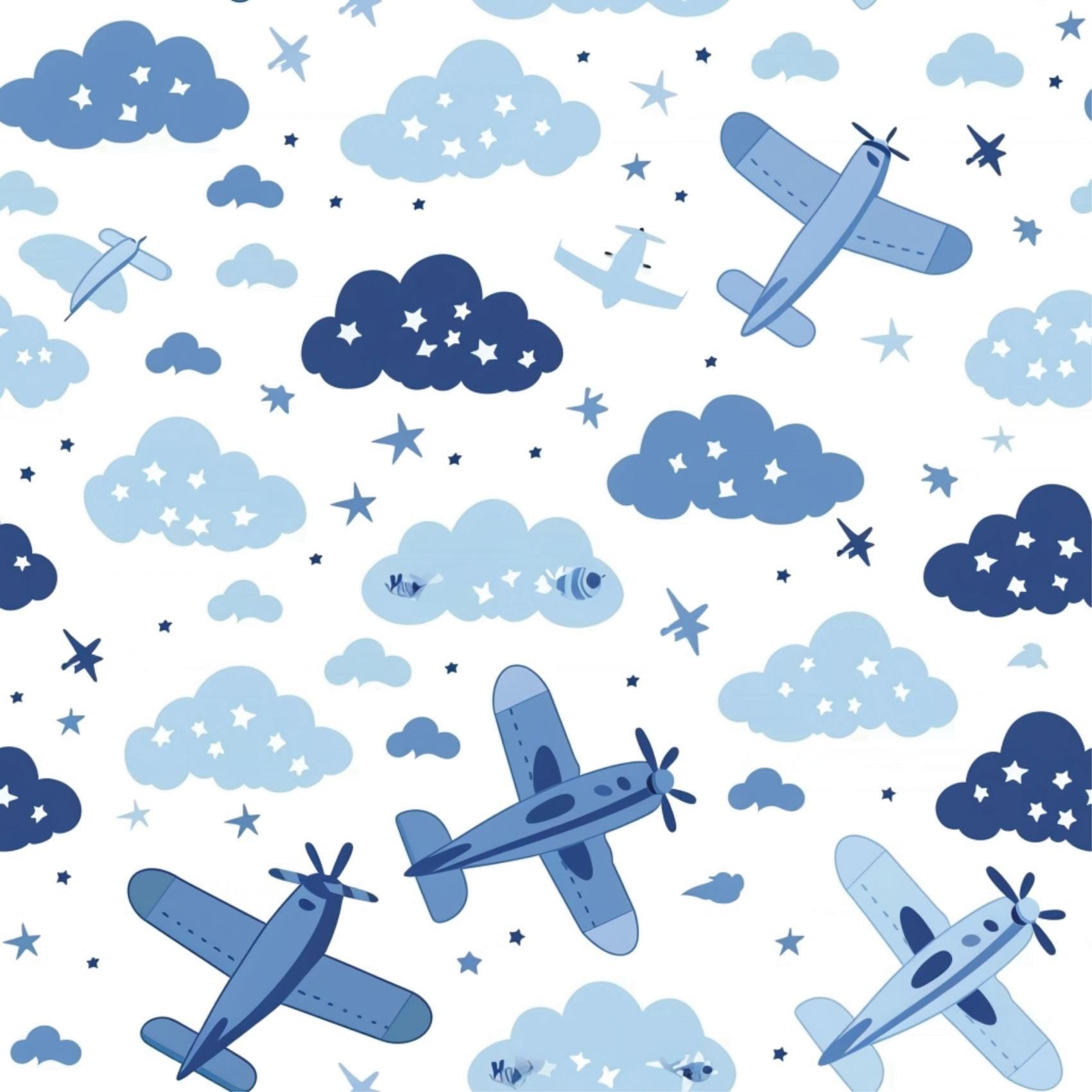 Watercolour Blue Aeroplane Clouds Sky Kids Nursery Peel And Stick Wallpaper Self Adhesive Renter Friendly