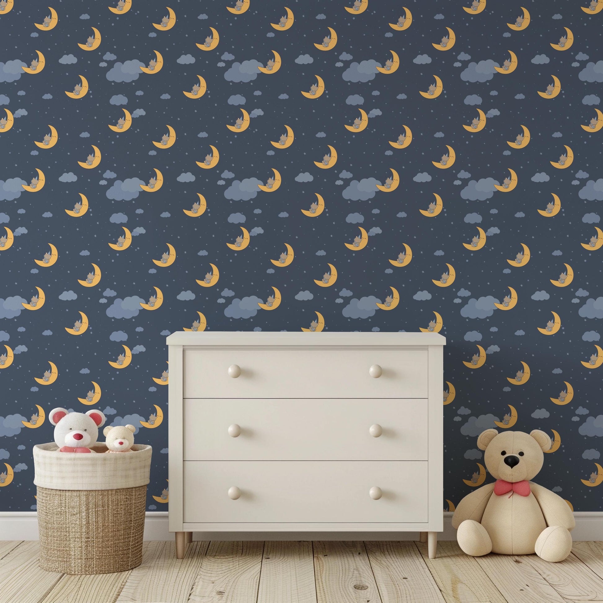 Cute Navy Sleeping Teddy Moons Kids Peel And Stick Wallpaper Self Adhesive Renter Friendly Removable