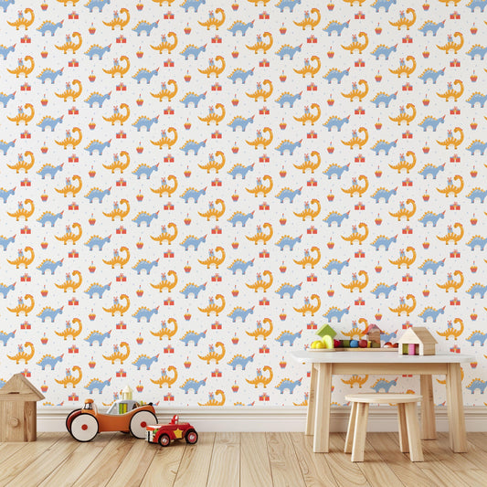 Yellow & Blue Party Dinosaurs Gift Fun Playroom Peel And Stick Wallpaper Self Adhesive Removeable For Kids