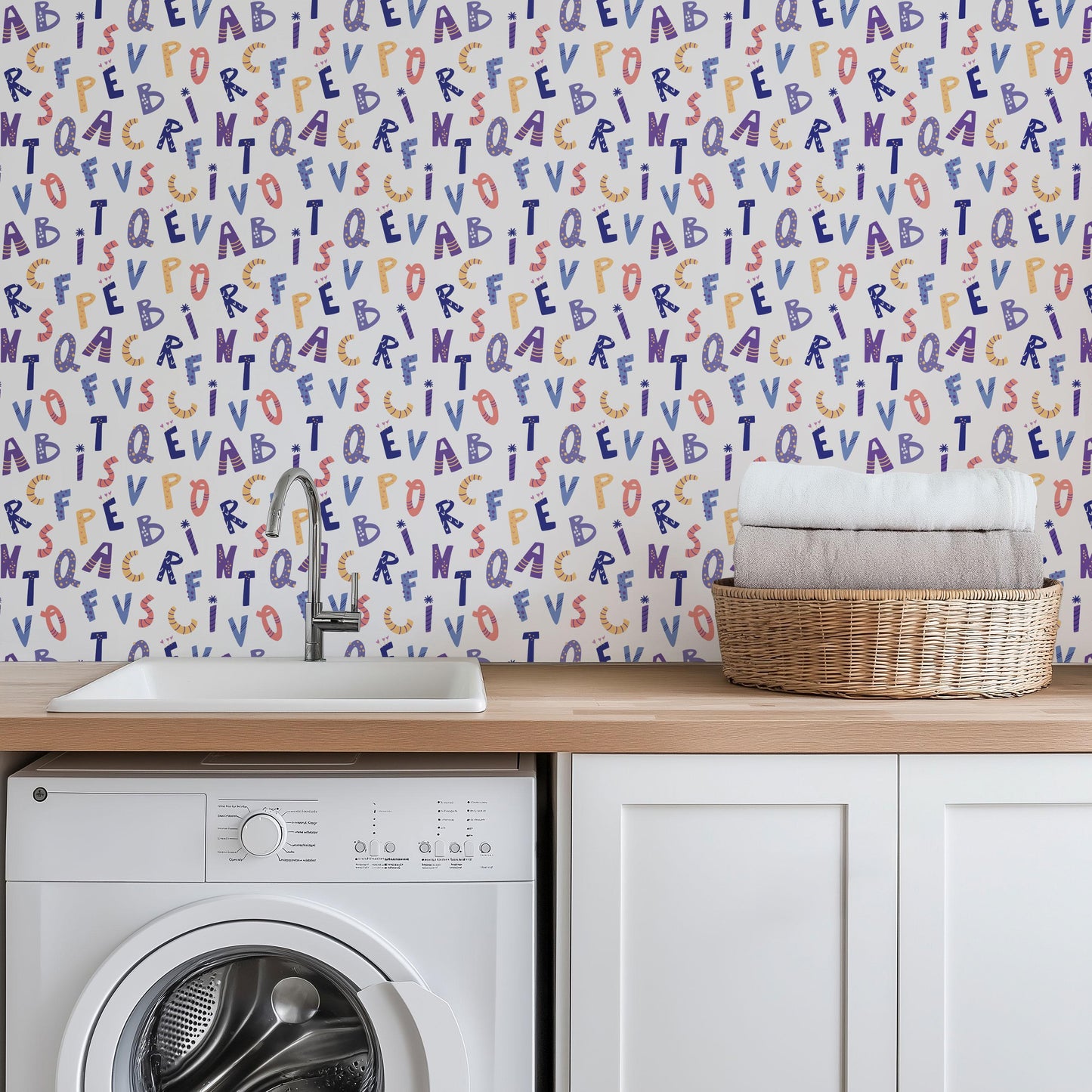 Alphabet Letters Hand Drawn Purple Lilac Yellow Peel And Stick Wallpaper Self Adhesive For Kids