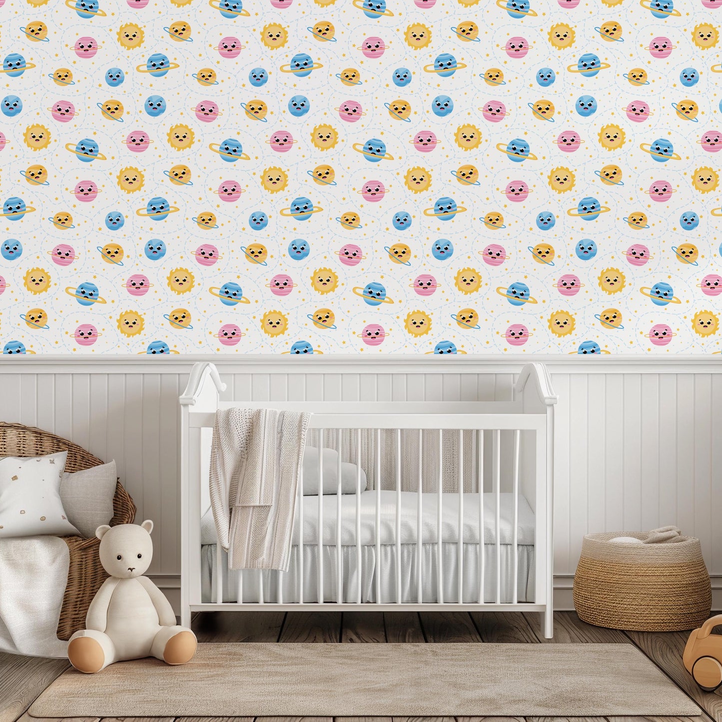 Planet Faces Space Pastel Blue Pink Yellow Peel And Stick Wallpaper For Kids Renter Friendly