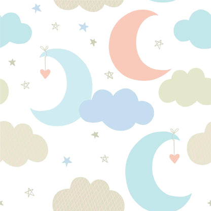 Moon & Clouds Pastel Mint Beige Pink Peel And Stick Wallpaper For Kids Nursery Removeable