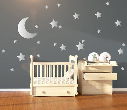 Large Moon & 21 Silver Stars Nursery Wall Decals, Nursery Wall Stickers, Baby Wall Art, Decals, Vinyl Wallpaper Art Decor, Confetti