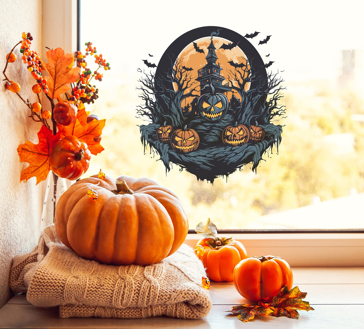 Halloween Window Sticker Decal - Haunted House With Bats & Creepy Black Pumpkins Removable Halloween Decor